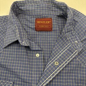 Rustler‎ X-Long Tails Mens L Western Pearl Snap Blue Plaid Short Sleeve Shirt